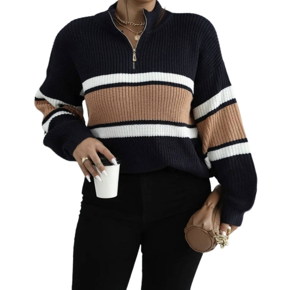 Shein Long-Sleeve Sweater Pullover Frenchy Colorblock Half Zip Plus Size 1XL